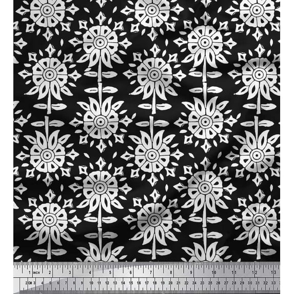 Soimoi Georgette Viscose Fabric Leaves & Floral Block Print Fabric by The Yard 42 Inch Wide