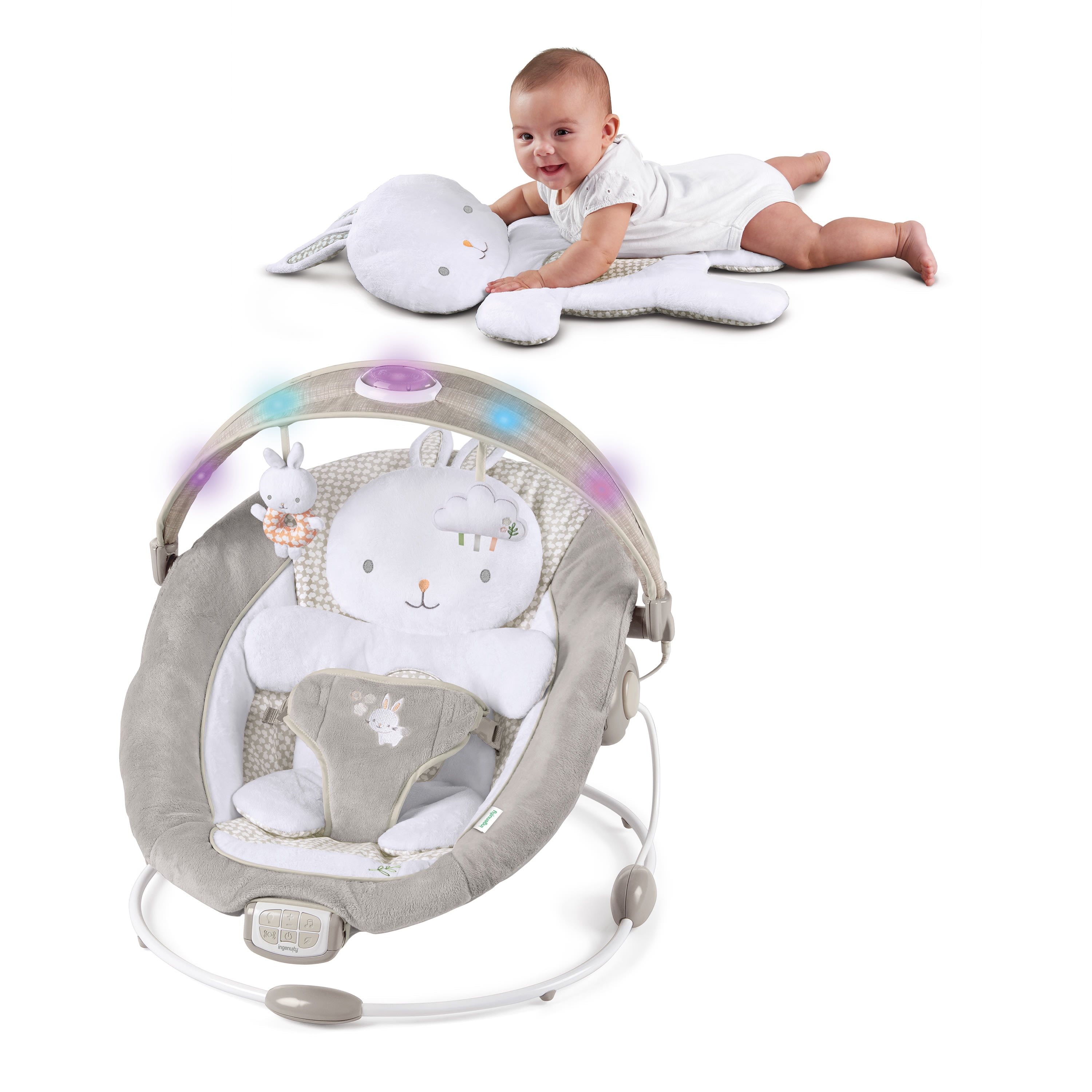 Ingenuity InLighten Baby Bouncer Seat with Light Up Toy Bar & Tummy Time Pillow, Unisex - Twinkle Tails