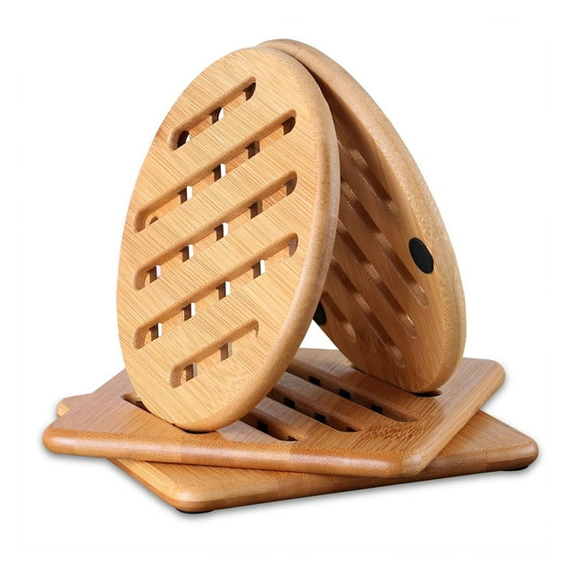 Posavasos de bambú lavables naturales resistentes al calor de 4 piezas posavasos cuadrados y redondos con escurridor para cuencos de cocina platos de ollas Adepaton 2034047
