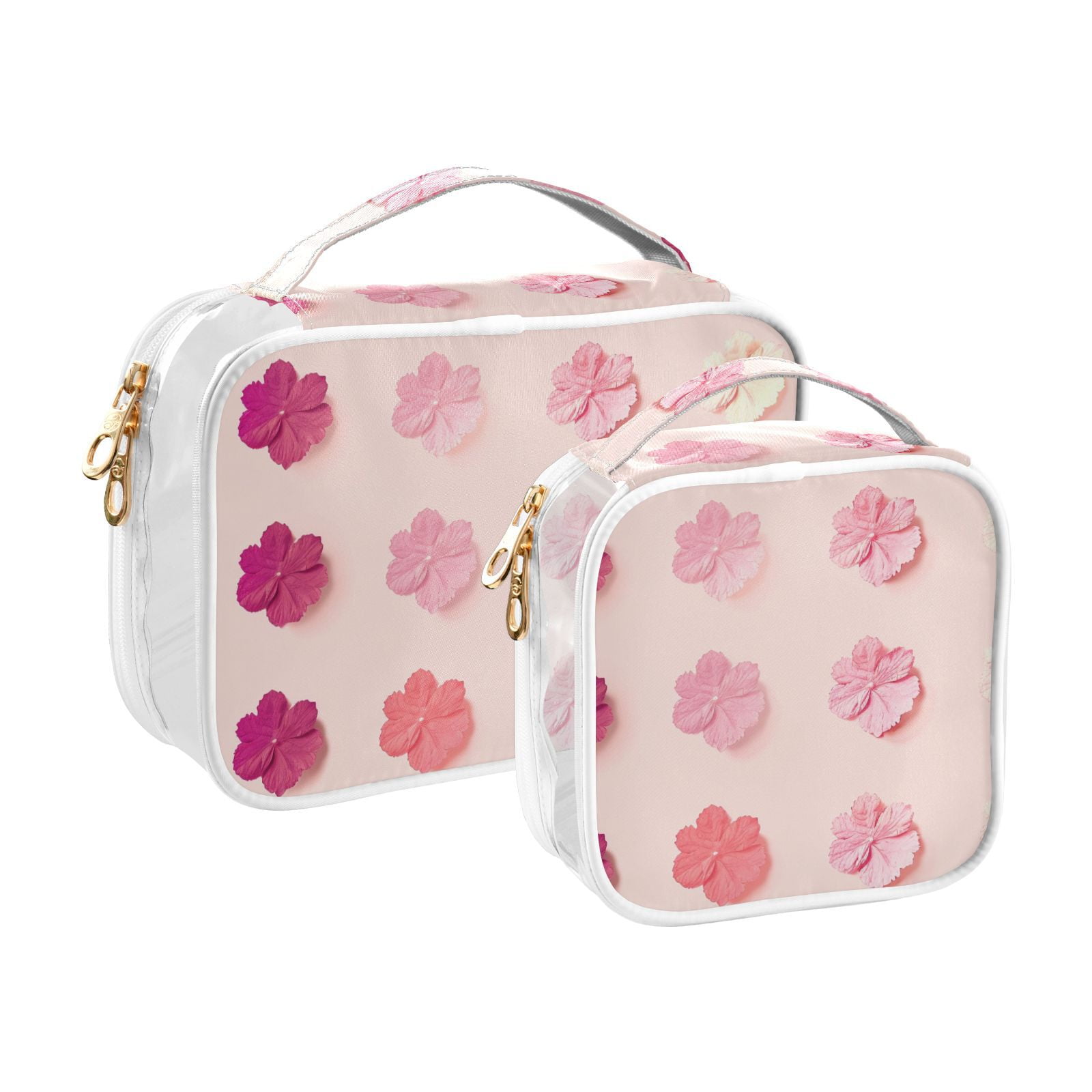 Clear Makeup Bags with Handle Large Opening 2 Pack Set Toiletry Bag Quart Size Bag, for Women Man Traveling Travel Essentials, Toiletries and Other. Pink Flowers Bloom