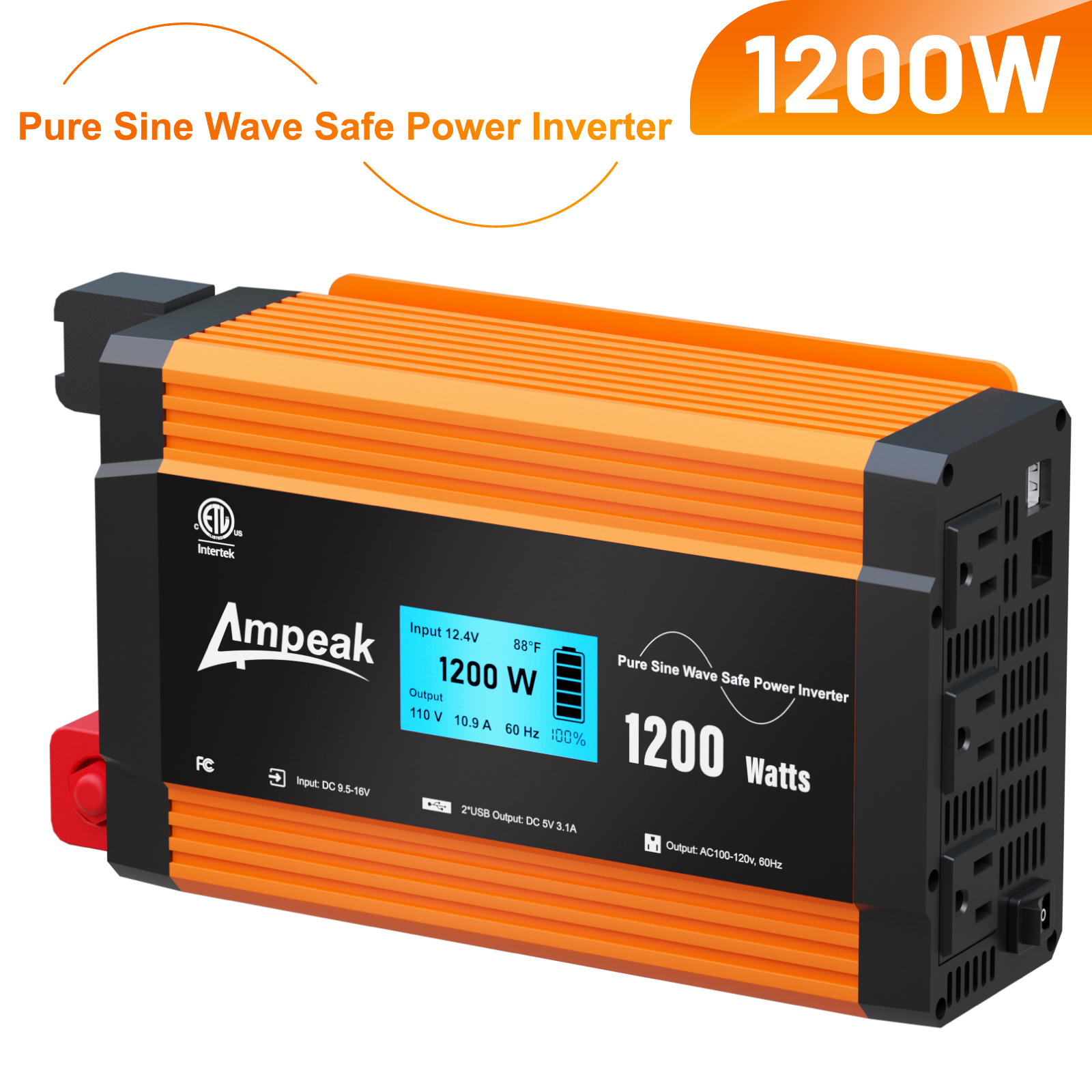 Ampeak 1200W Pure Sine Power Inverter, 17 Safe Protections Inverter DC 12V to AC 110V Car Inverter , ETL certified