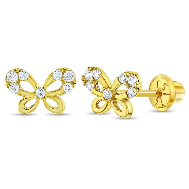 Boucles d'Oreilles Clous Papillon en Or Jaune 14k pour Jeune Fille avec Zircone Cubique Ronde Transparente