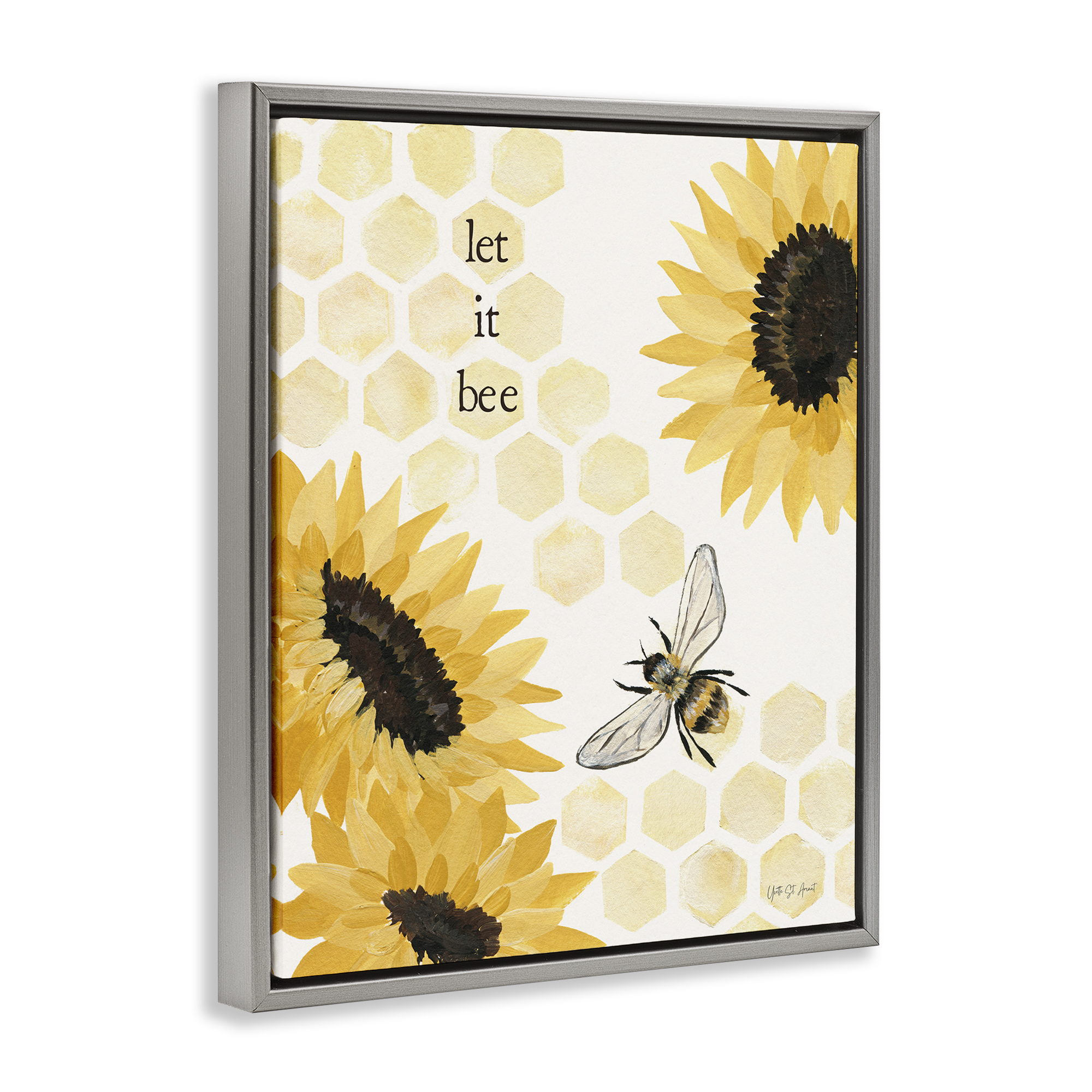 Stupell Industries Let It Bee Honeycomb Botanical & Floral Painting Gray Floater Framed Canvas Art Print Wall Art, 17 x 21