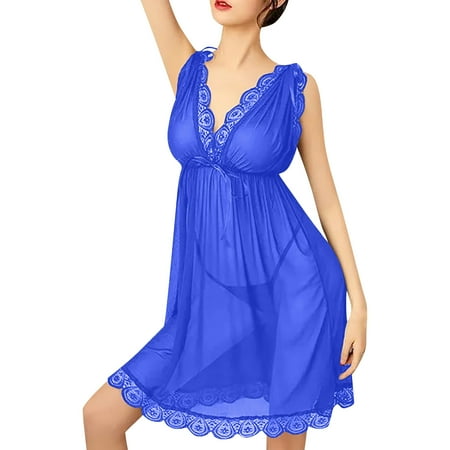 Rlmidhb Naughty Lingerie Nightgown for Women Blue Lace Spaghetti Strap Deep V Babydoll Lingerie Dress Mesh Nightgown Sleepwear Chemise