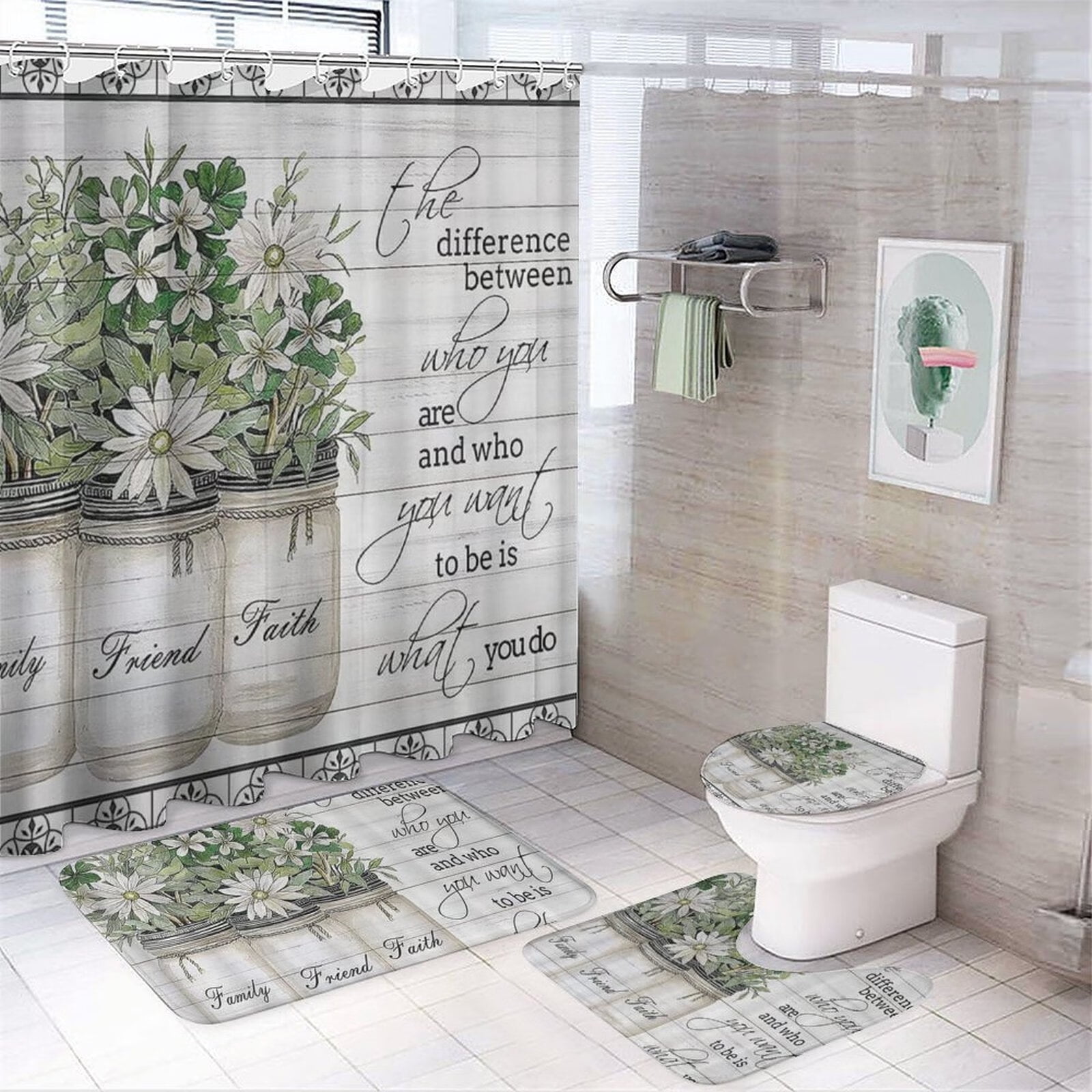 FuShvre Bee Shower Curtain Set with Rugs Honey Bee Bumble Bee Bathroom Mats  Accessories Rustic Floral Spring Gardern Bath Decor Hooks Included