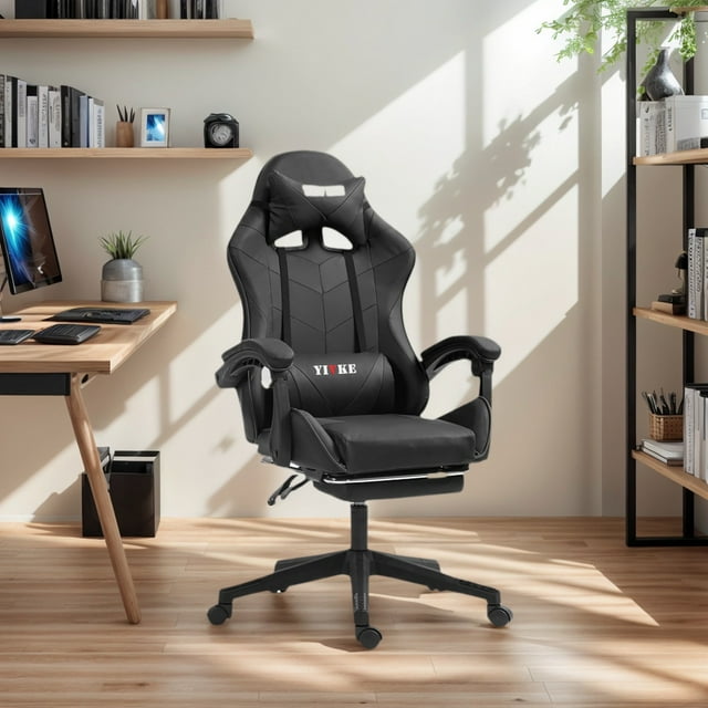 Yivke Gaming Chair, Ergonomic PU Leather Gaming Chairs for Adults 200lbs with Footrest and Massage Lumbar Support, Office Video Game Chairs with Adjustable Height and Backrest NEU208GJ-Black