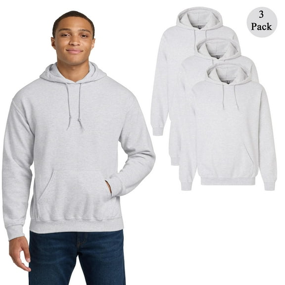 Gildan Long Sleeve Pocket Hoodie for Men, Classic Heavy Blend 50/50 Hooded Sweatshirt, Ash, 3 Pack, S