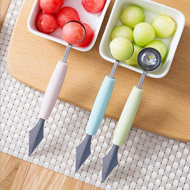 2 piezas de doble cabeza de acero inoxidable sandía excavadora cocina corte sandía talla cuchillo fruta cavar cuchara plato cavar cuchara, azul nórdico LingWen 8390614605176