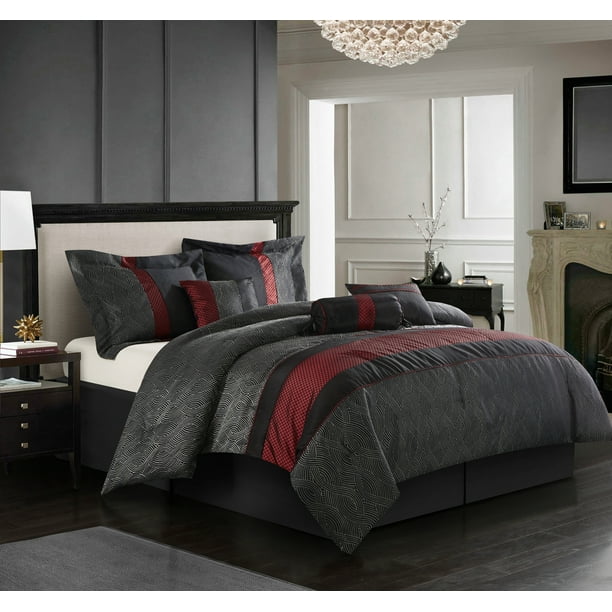 Lanco Swirl Black 7 Piece Bedding Comforter Set Black Red Striped Bed Size King Walmart Com Walmart Com