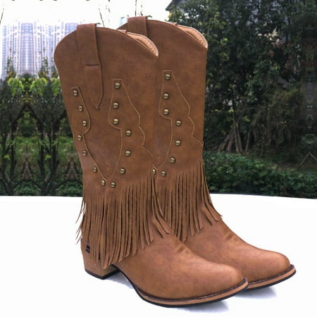 

New Fashion Women Pointed Toe Tassel Spring Chunky Heel Casual Mid-Calf Boots