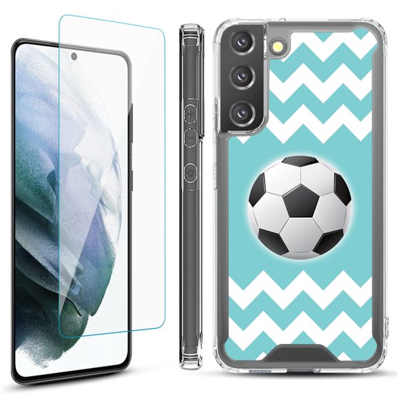Shockproof Bumper Phone Case for Samsung Galaxy S22  / S22 Plus 5G, with Tempered Glass Screen Protector, by OneToughShield ® - Chevron/Soccer
