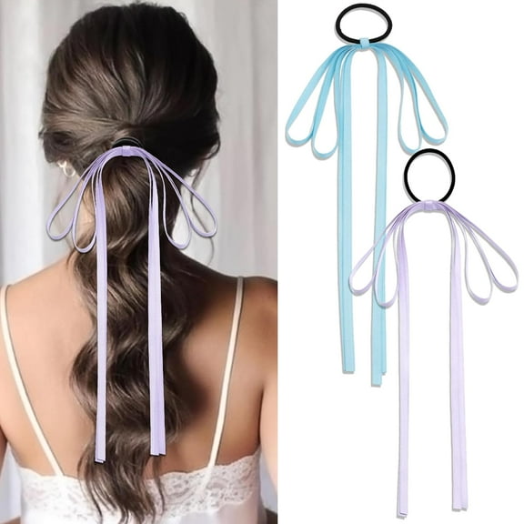 2PCS Silky Satin Bow Tassel Ribbon Bowknot Hair Ties and Ponytail Holders for Women, Girls, Teens (Purple Blue)