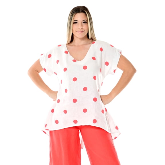 Azucar 100% Linen Short Sleeve V-neck Tunic w/High-Low Hem & Polka-Dots -LLB1726