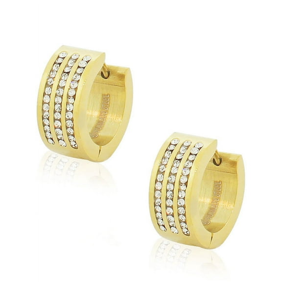 Stainless Steel Yellow Gold-Tone White Clear CZ Hoop Earrings 0.65"