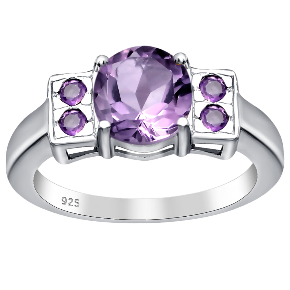 925 Sterling Silver Real Genuine Amethyst Womens Solitaire Engagement Ring