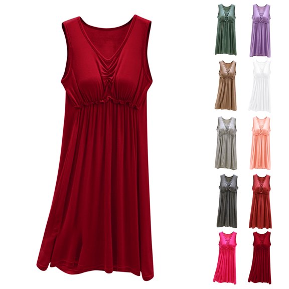 QSXADF Womens Sleeveless Nightgown Midi Sleep Dress Nightgown Built-In Bra Solid Long Length Sleeveless Solid Color Casual Daily Wear Home Sleepwear Ladies Loungewear