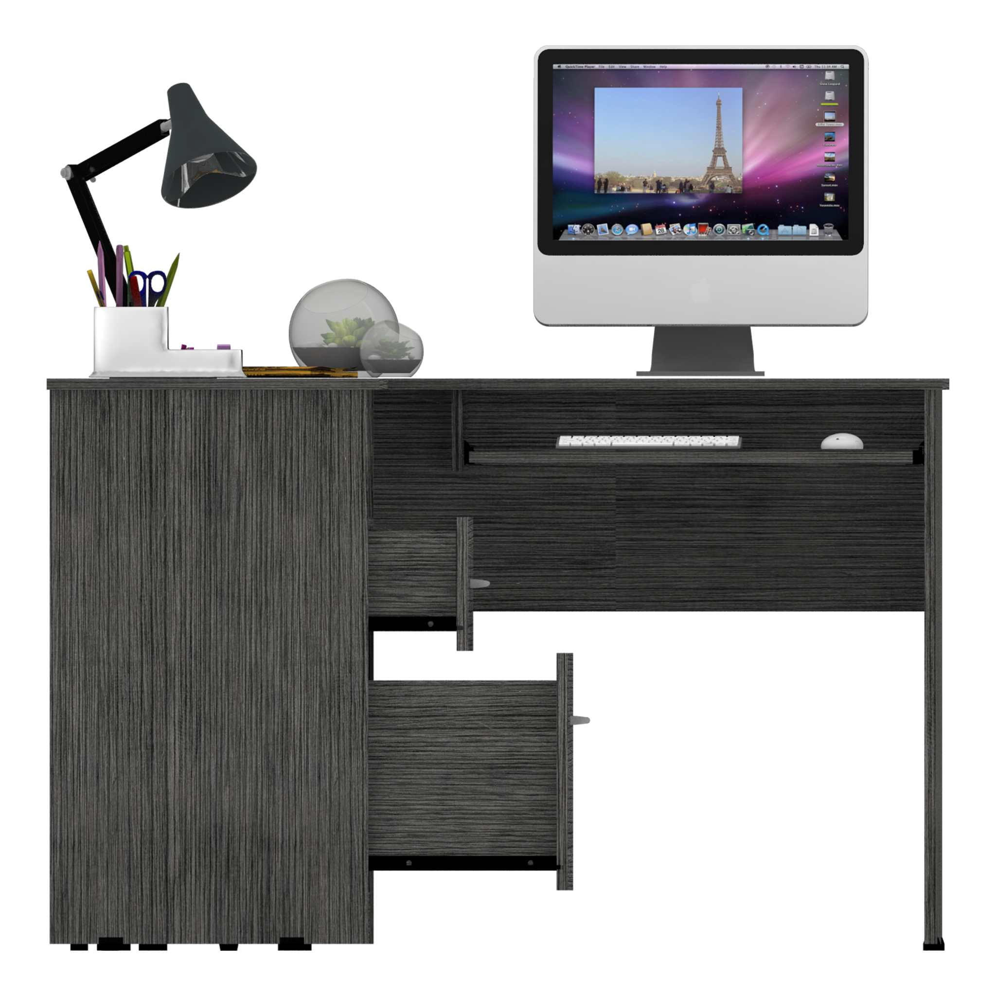 Mix L-Shaped Desk, Keyboard Tray, Two Drawers, Single Open Shelf Light Gray