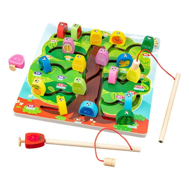 Rompecabezas de madera con pesca magnética, aprendizaje de habilidades motoras finas, laberinto, juego de mesa educativo temprano Montessori con caña de pescar de juguete, juego de Fruta