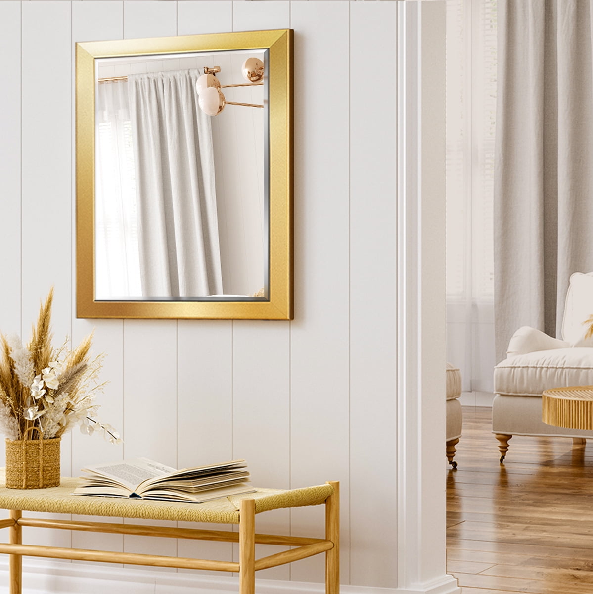 29 in. W x 41 in. H Framed Rectangle Beveled Edge Wood Mirror in Solid Gold