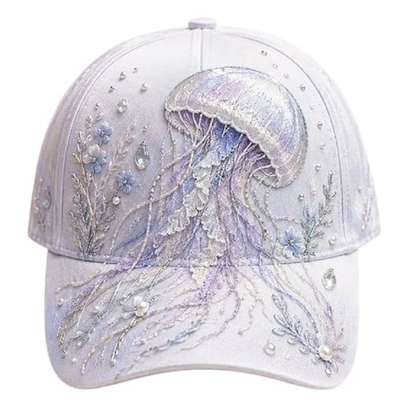 2D Ocean Creatures Embroidery Cap, Adjustable Cotton Baseball Cap, Raised Embroidered Sea Animal Hat for Beach Travel(a)