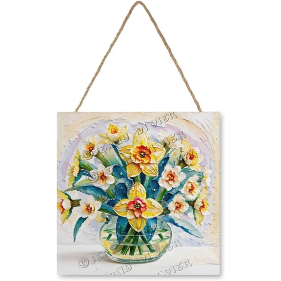Daffodil Wooden Hanging Sign Rustic Farmhouse Decorations Spring Door Hanger for Front Door Rustic Flower Wall Pediments for Spring Easter Party 12x12 Inches