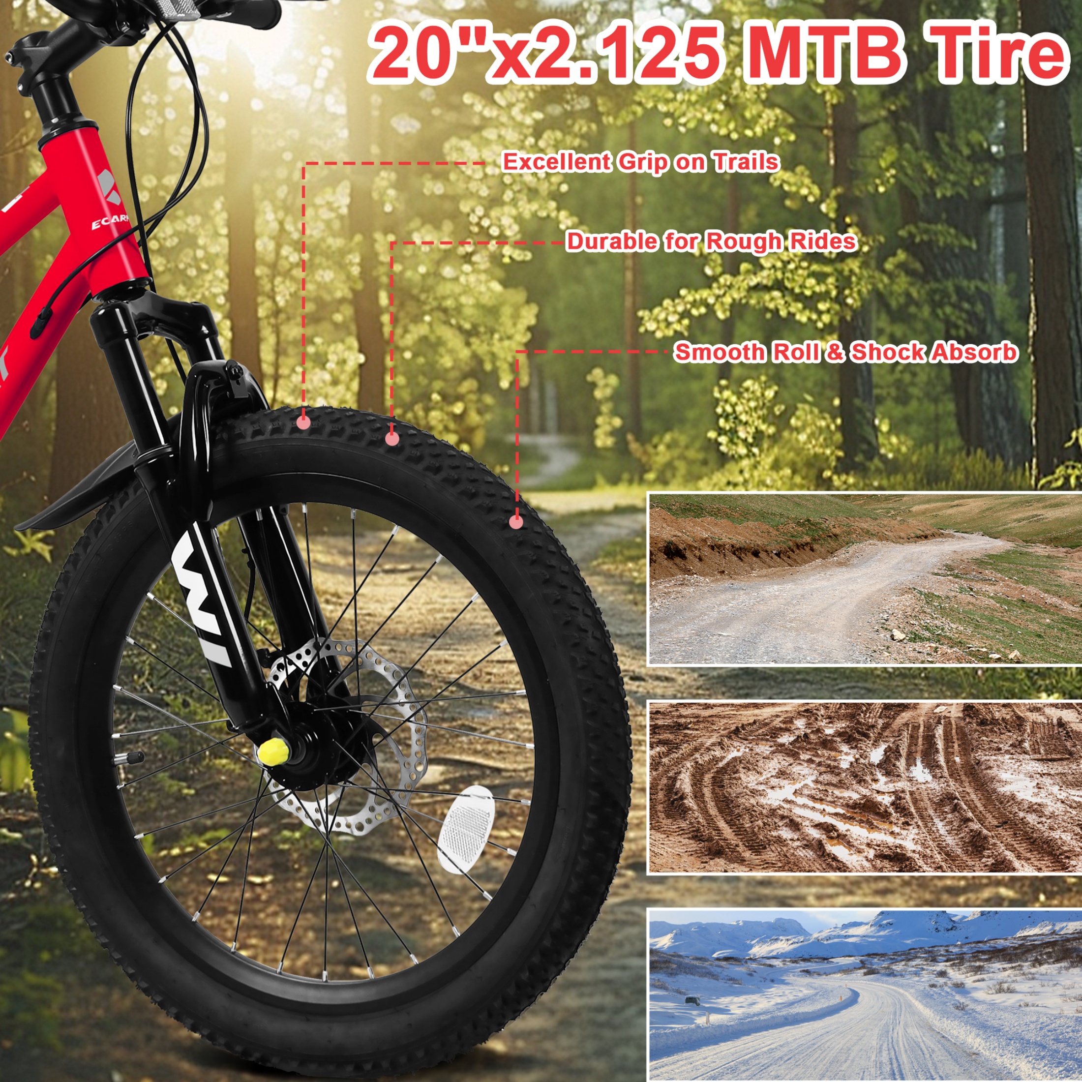 QEEKA 20 Inch Kids Mountain Bike，4.0"/2.125" Wide Non-Slip Tires,7-Speed with Front Suspension,Dual Disc Brakes and Steel Frame,Kids MTB Bicycle for Ages 6-12 Years Old,Red