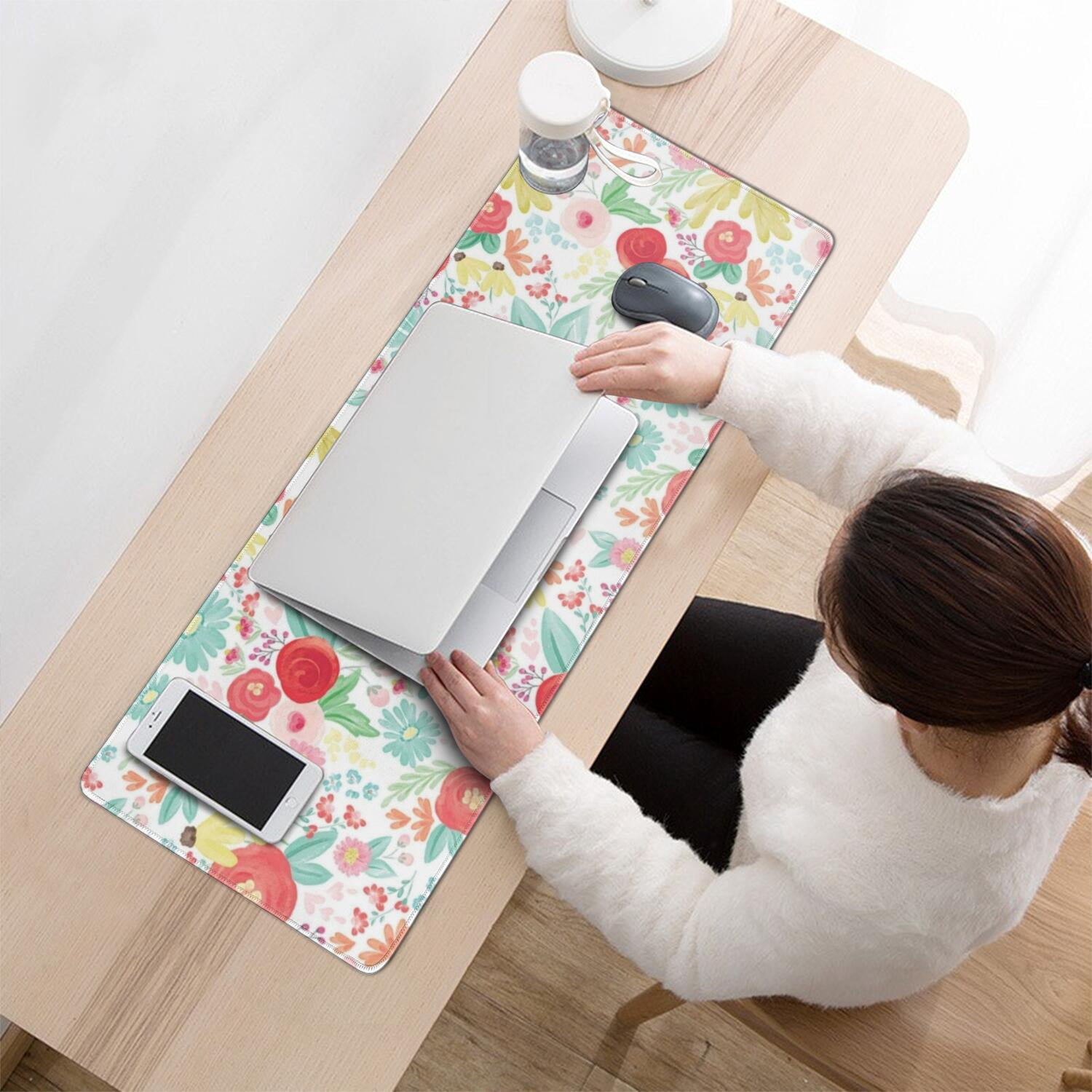 Long Mouse Pads for Desk,Pioneer Flower Floral Print Pattern Desk Mats on Top Of Desks, Desk Mouse Pad Extra Large with 3mm Non-Slip Base and Stitched Edge for Gaming,Office,Work,Home 31.5"x11.8"