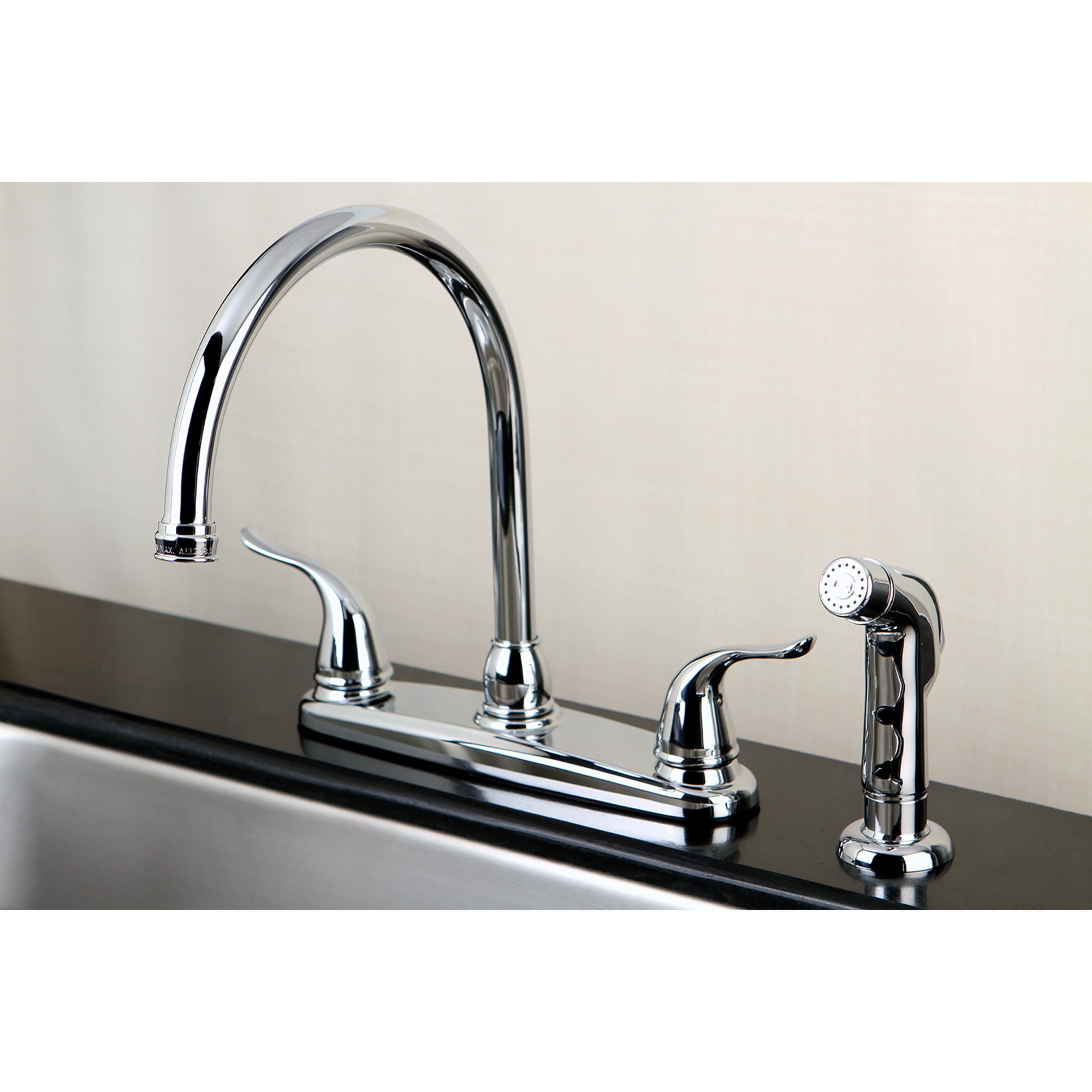 Kingston FB2791YLSP Yosemite Two-Handle 4-Hole 8" Centerset Kitchen Faucet with Side Sprayer in Polished Chrome