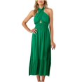 thumbnail image 1 of Robe d'Été pour Femmes à Col Licou Croisé Sans Manches, Couleur Unie, Découpes, Dos Nu, Fluide, Ligne A, Robe Maxi, 1 of 4
