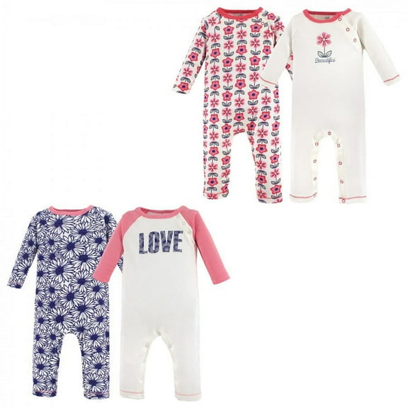 Touched by Nature Baby Girl Organic Cotton Coveralls 4pk, Daisy Flowers, 12-18 Months