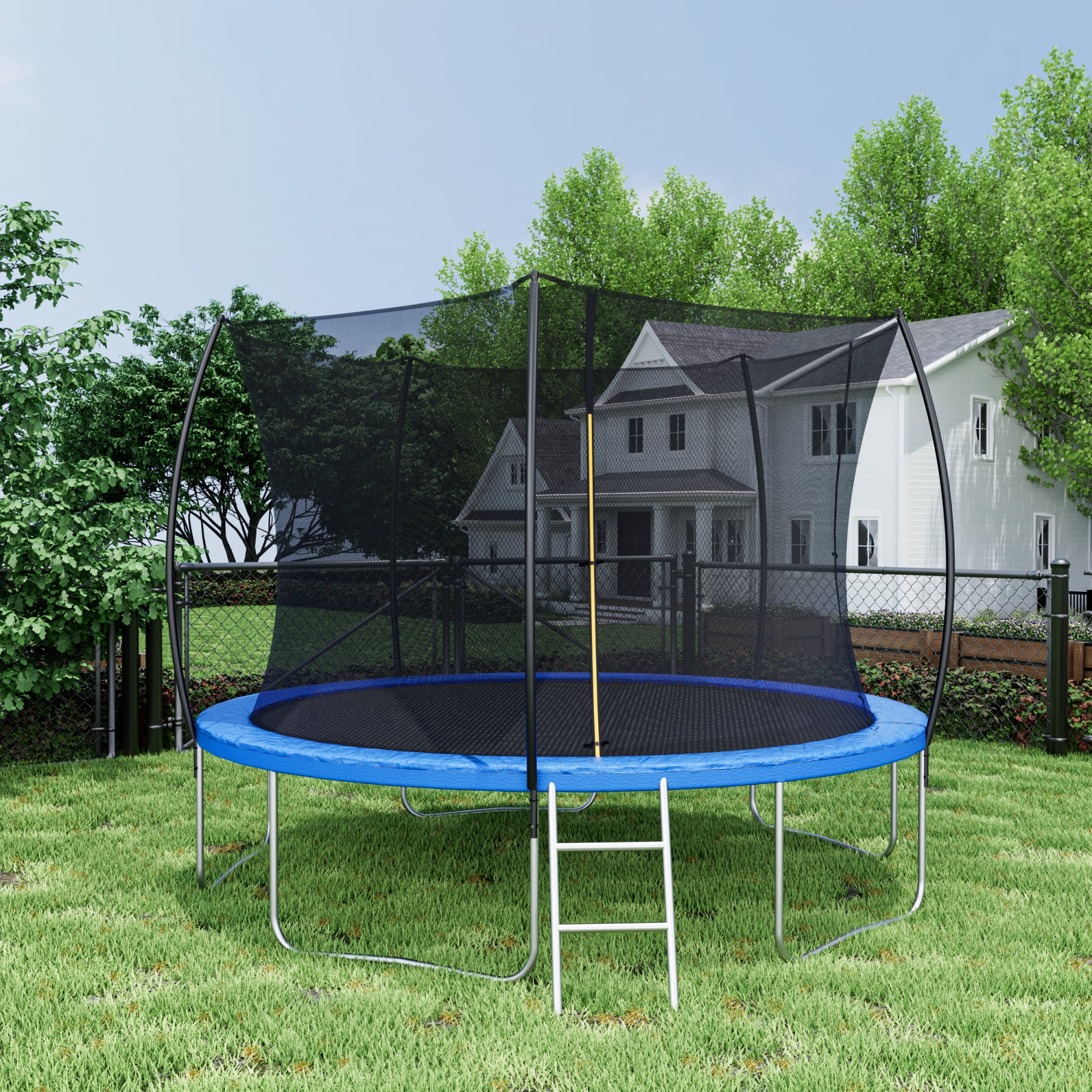 Leumius 12FT Trampoline for Kids and Adults,Outdoor Trampolines with Safety Enclosure Net,Curved Fence Pole,Round Recreational Trampoline with Ladder,Black