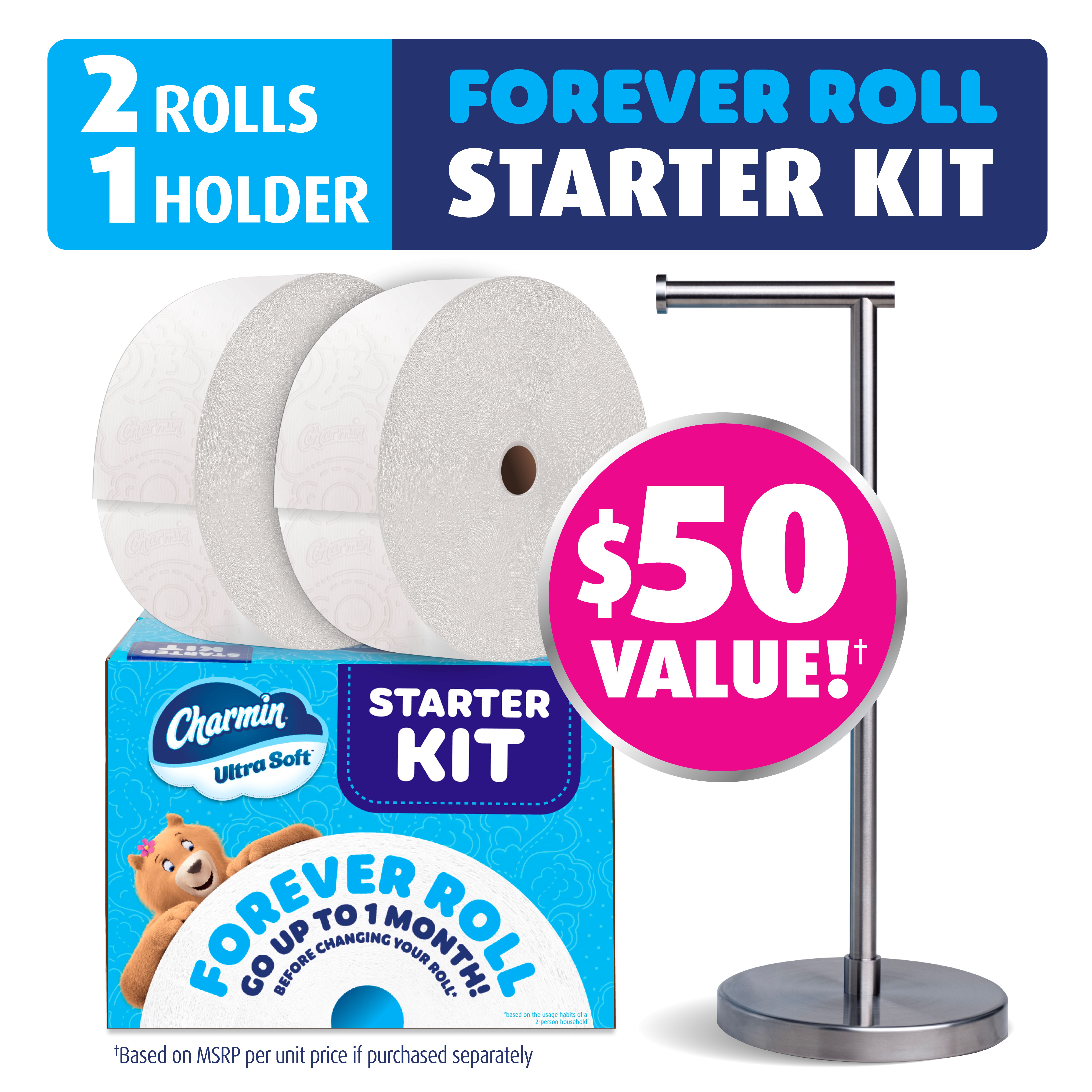 Charmin Ultra Soft Toilet Paper, Forever Roll Starter Kit, 1 Holder, 2 Rolls, 2-Ply Bath Tissue