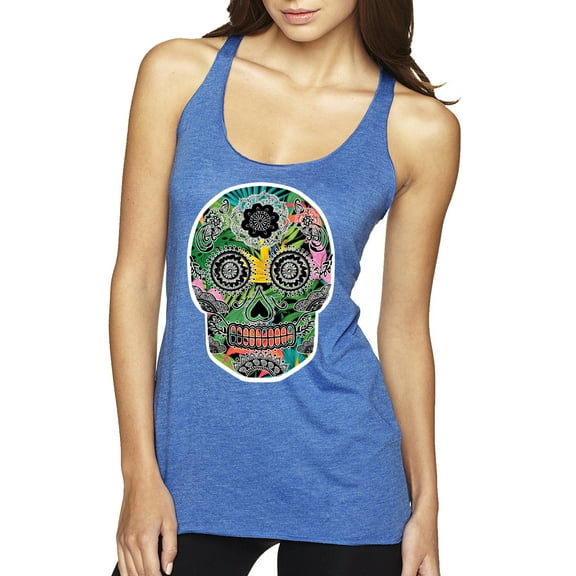 Day Of The Dead Calavera Skull Colorful Trippy | Womens Pop Culture Premium Tri-Blend Racerback Tank Top, Vintage Royal, Large