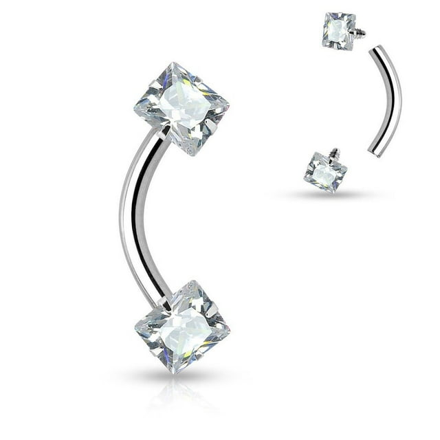 Anneau à Sourcils Incurvée Haltère Fileté à l'Intérieur Jeu de Broches Carrées CZ Gem 16G