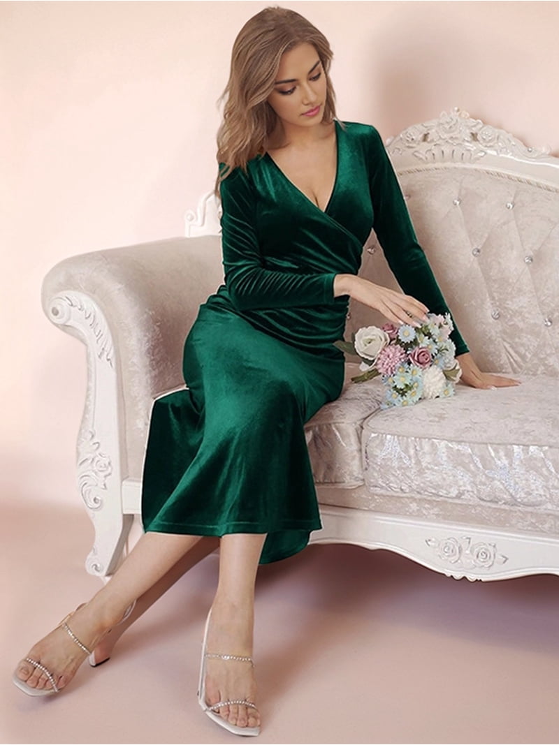 Womens Elegant Velvet Deep V Neck Wrap Hip Solid Long Sleeve Evening Party  Cocktail Prom Gown Long Dress Dark Green S - Walmart.com