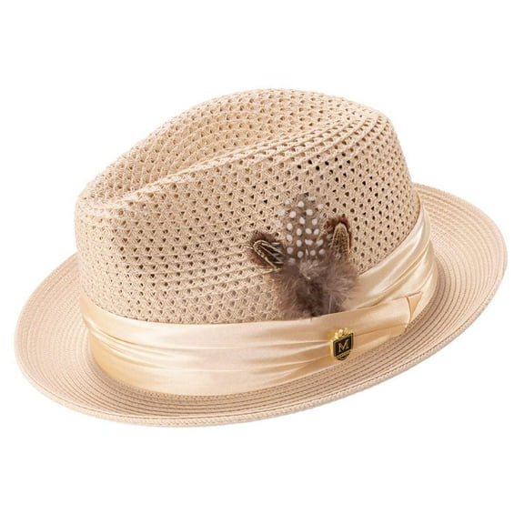 Montique Beige Solid Color Pinch Braided Fedora With Matching Satin Ribbon Hat H-34