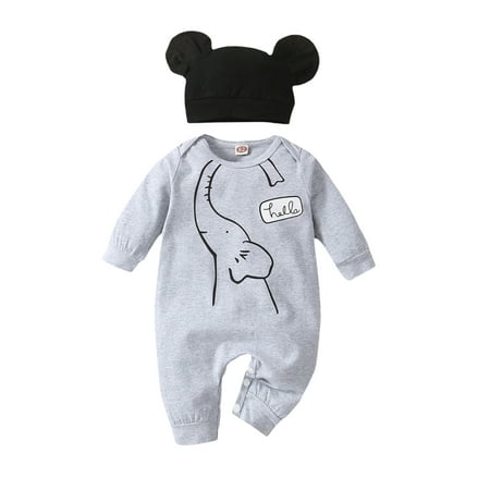 

Meihuida Toddler Baby 2Pcs Fall Outfits Long Sleeve Elephant Print Romper + Beanie Hat Set