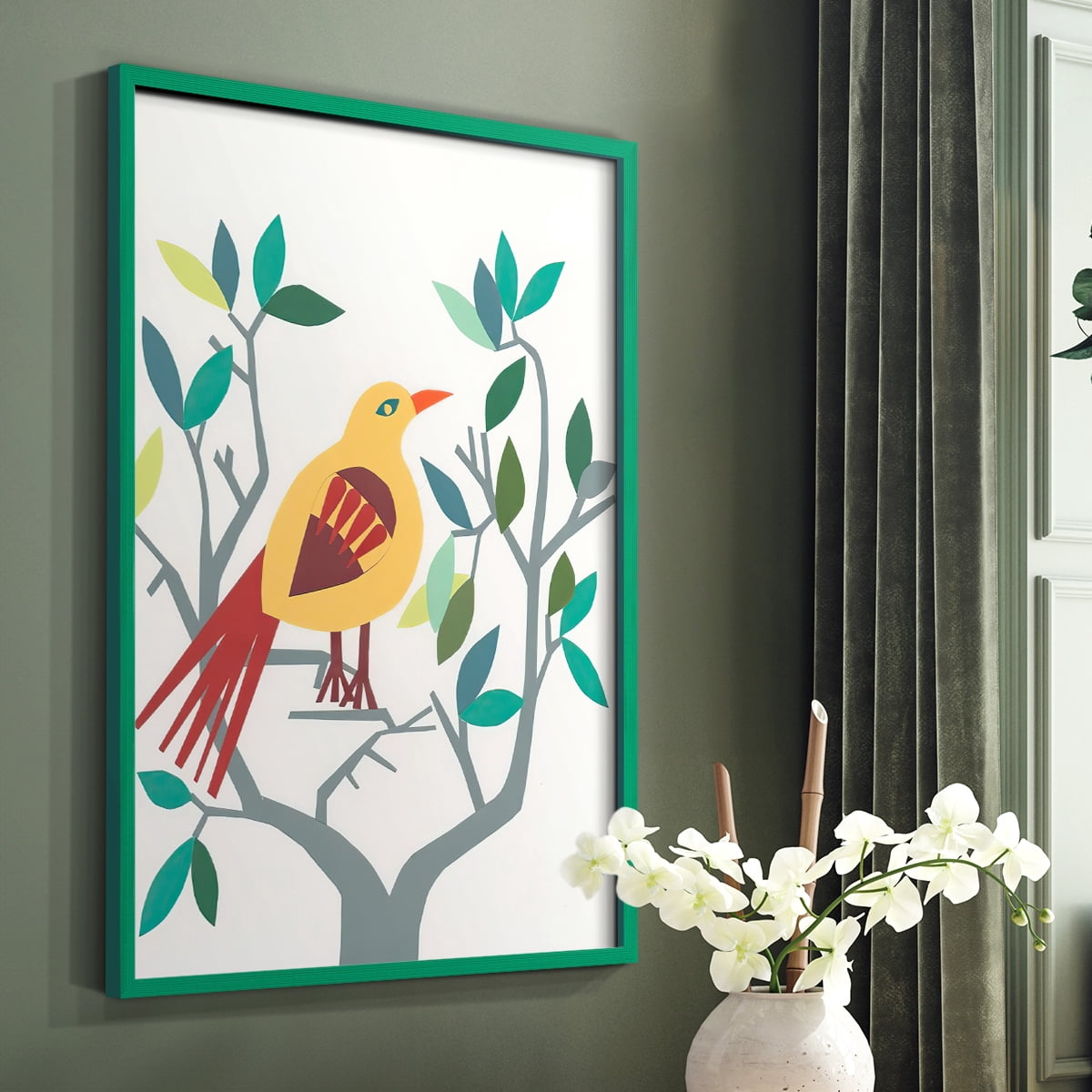 Whitty Bird III Framed Print in Green Solid Wood 8 x 10 Framed Print