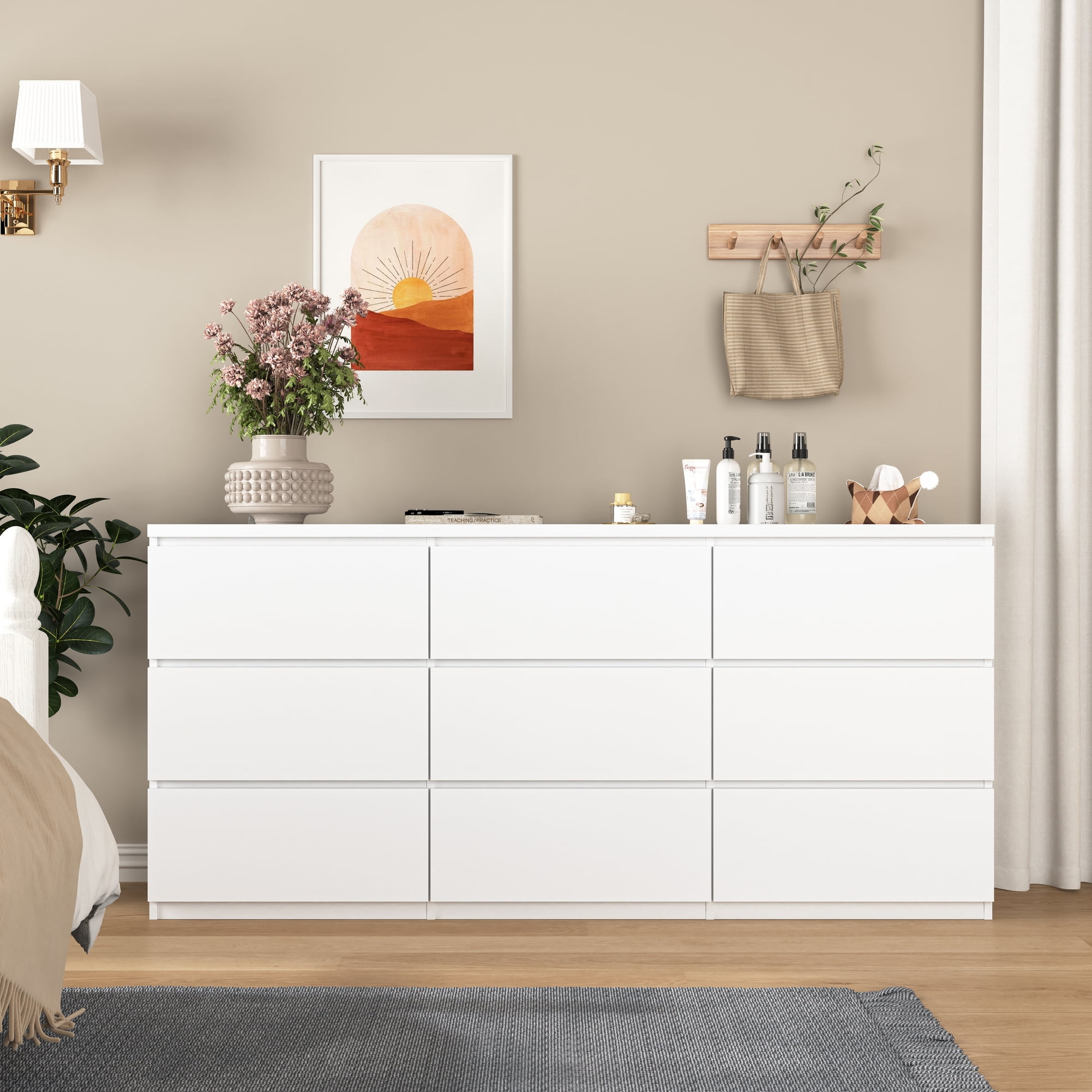 Noble House 9-Drawer Dresser, Modern Storage Chest with Handleless Design, White