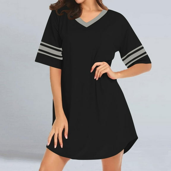 ylioge Plus Size Nightgowns for Women S-5X Short Sleeve V Neck Sleepshirts Ladies Casual Color-Block Pullover Homewear Mini Tshirts Dresses