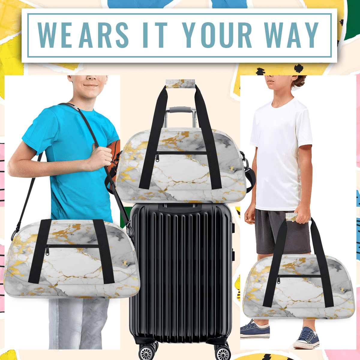 Herdesigns Grey White Gold Marble Sports Duffle Bag for Women & Men, Modern Abstract Gym Bag Dance Bag Overnight Bag Carry On Weekender Travel Bag