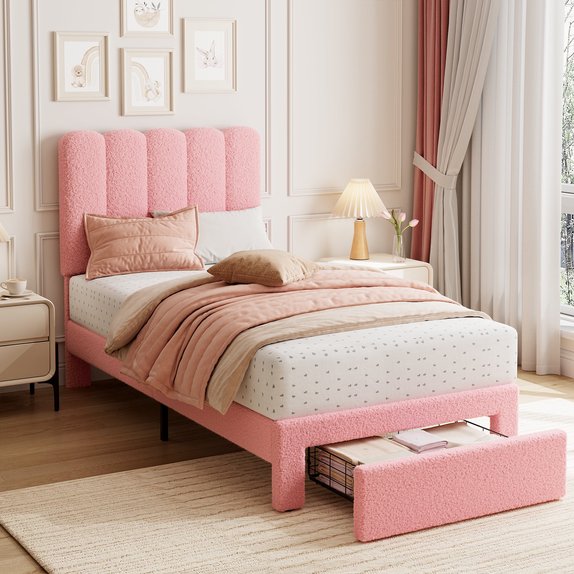 Towallmark 2025 New Twin Bed Frame with Under-Bed Drawer, Low Profile Upholstered Platform Bed with Wave Headboard, Wooden Slats Support, Pink