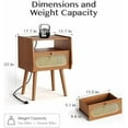thumbnail image 2 of Nightstands Set of 2, Mid Century Modern Bedside Table with Charging Station & Rattan Decor Drawer, Boho End Table with Storage & Solid Wood Feet for Bedroom, Cherry, 2 of 7