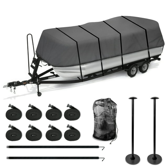 KNOX Housse de Bateau Ponton Robuste 3e Gén. avec 2 Poteaux de Soutien, Housses de Ponton Remorquables en Polyester de Qualité Marine 600 Deniers - Comprend un Sac de Rangement, Convient à la Longueur 20 Pieds 21 Pieds 22 Pieds 23 Pieds 24 Pieds - Largeur de Poutre 102 Pouces
