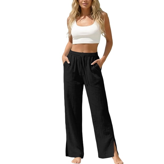 ZHYou No Boundarie Linen Pants for Women Side Split Drawstring Stretch Waist Summer Lightweight Casual Loose Pull On Fashion Pants Black Size 2XL