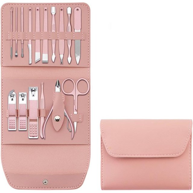 Juego de manicura y pedicura de acero inoxidable xinyu 16/12 piezas rosa estuche de viaje