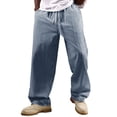 thumbnail image 2 of BRGZLK Mens Straight Leg Pants Cotton Linen Casual Striped Elastic Waistband Drawstring Pants Summer Beach Pant Lightweight Trousers with Pockets, 2 of 7