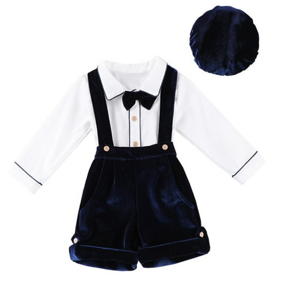YONGHS Baby Boys Velvet Gentleman Suit Tuxedo Bow Tie Shirt with Suspender Shorts Overalls Hat Set Dark Blue 9-12 Months