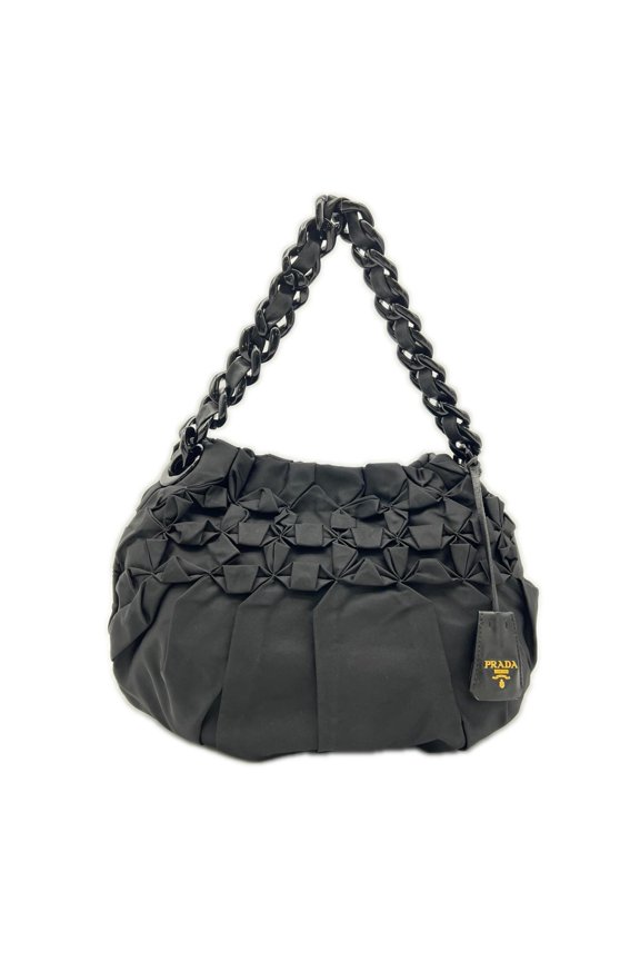 Pre-Owned PRADA Prada Nylon Triangle Logo Frill Plastic Chain Handbag Black Leather Women's