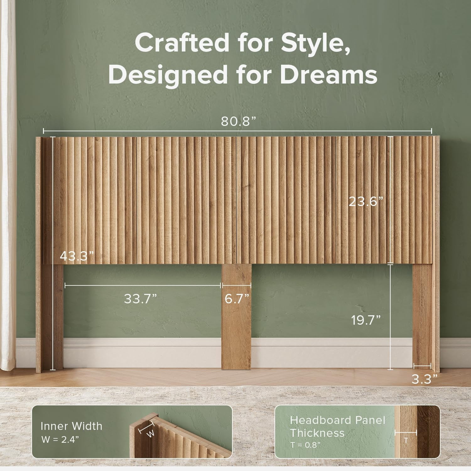 mopio Brooklyn King Size Oak Headboard, 80.8" Wide Headboard Only, Wood Headboard, Modern Farmhouse, Boho, Wall Mount, Fluted Panel, Wingback Design